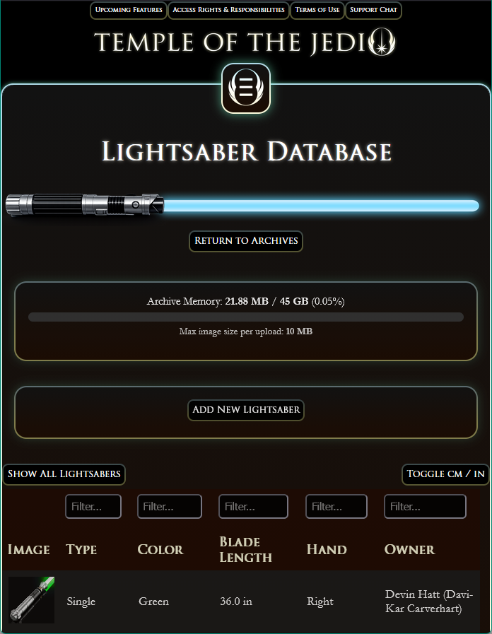 Temple of the Jedi Lightsaber Database